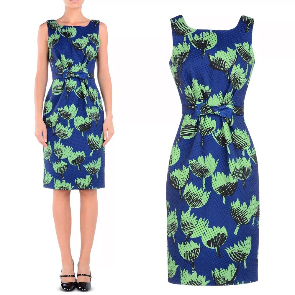 Moschino Boutique Floral Neoprene Dress Blue Green Bow Waist US 4